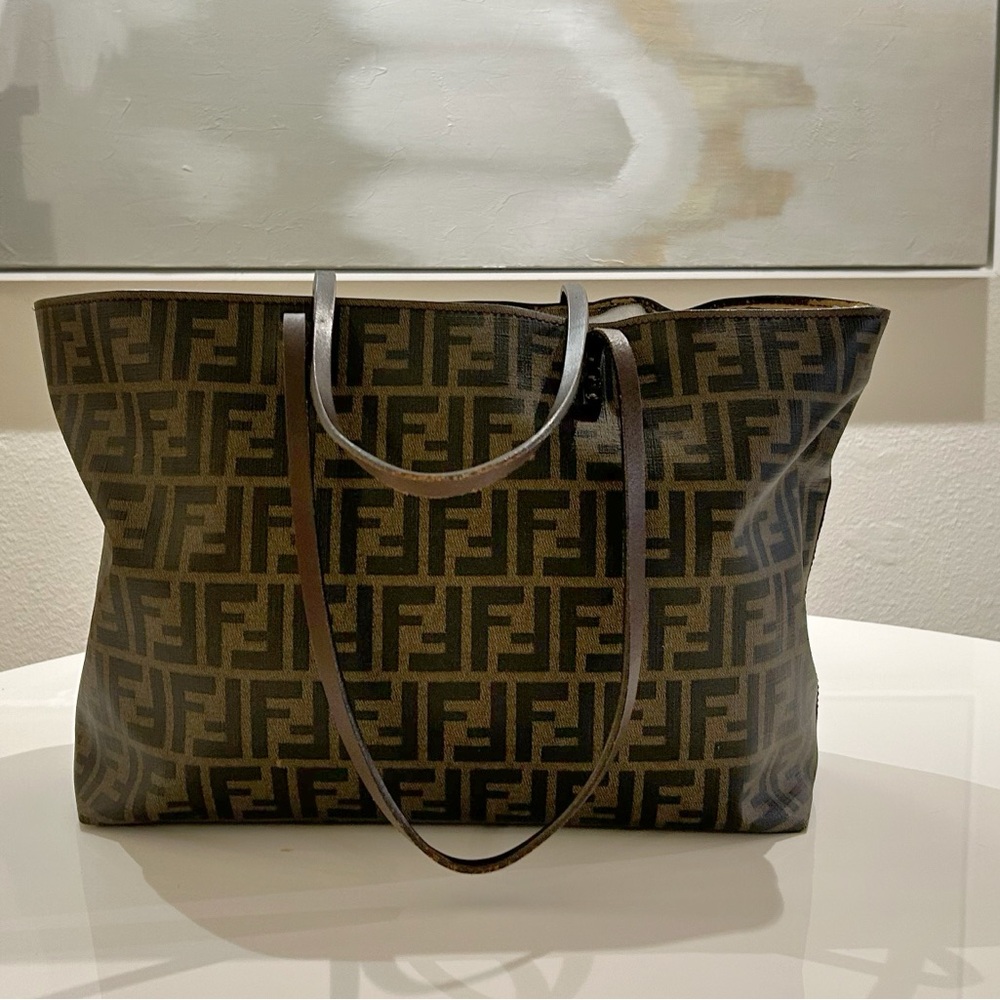 Fendi Large Brown Zucca coated canvas roll tote with striped lining